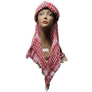 Traditional Red & White Fez Hat with Scarf, Keffiyeh w/ All-Seeing Eye